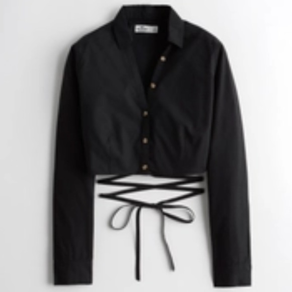 Brand New Poplin crop wrap cotton shirt with waist tie - set of 2 black white S - Picture 2 of 7